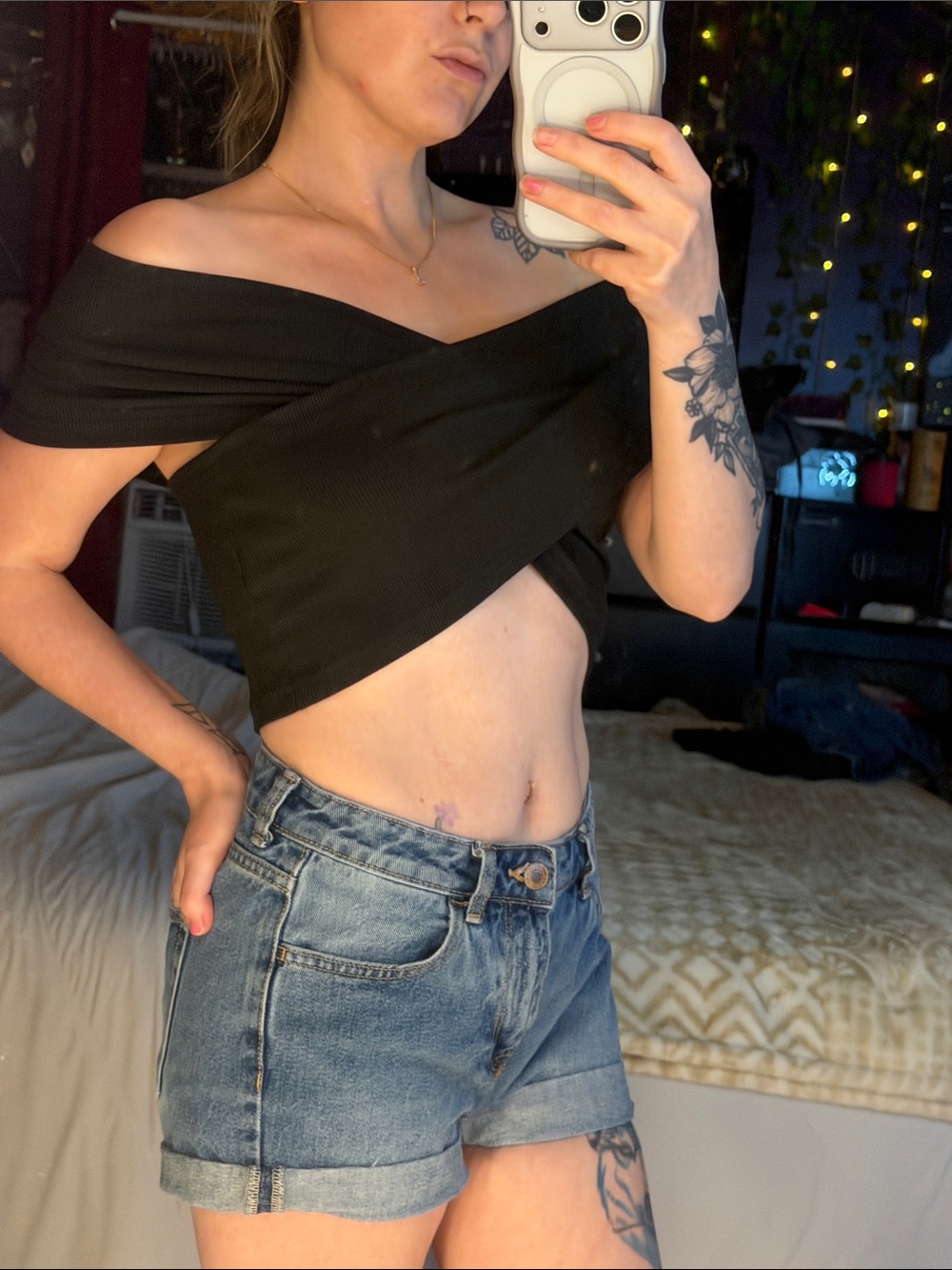 Off-Shoulder Black Cropped Wrap Top - Women